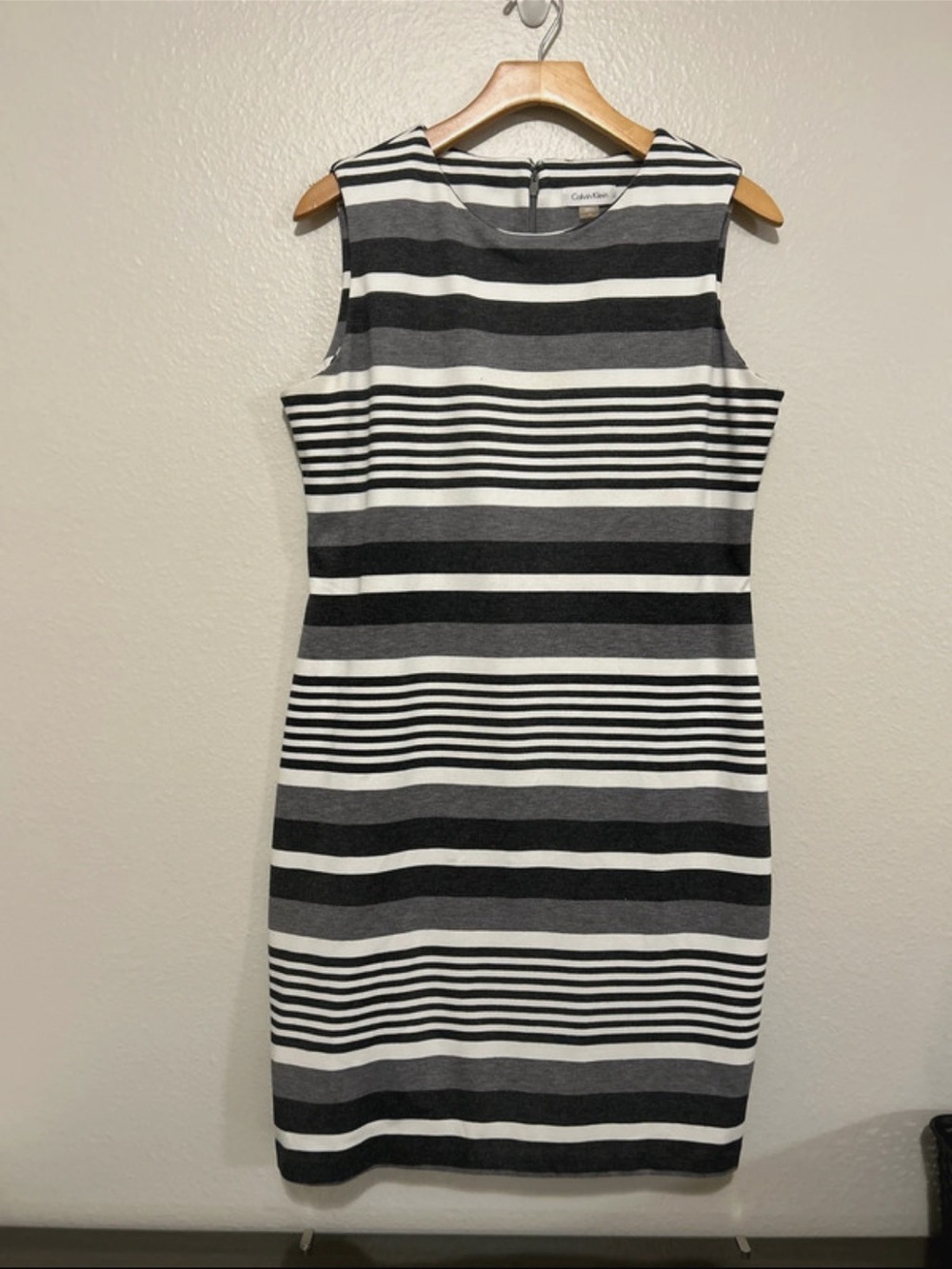 Calvin Klein Sleeveless Black, White & Gray Striped Sheath Dress